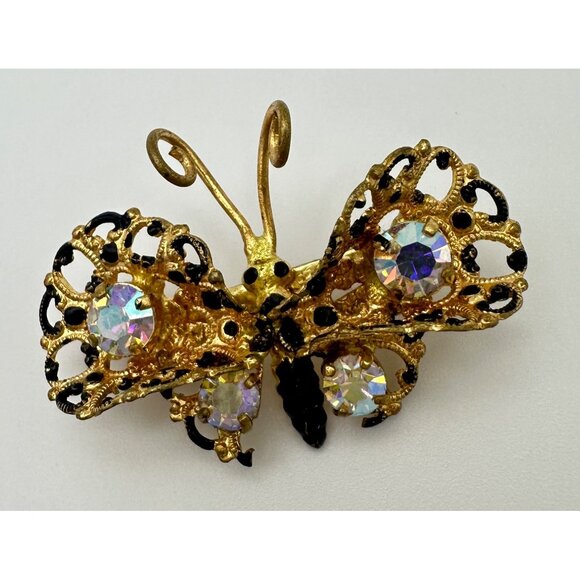 Made in Austria gold tone black spotted AB rhinestones butterfly brooch pin - Picture 3 of 8